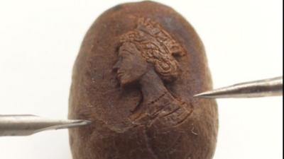 Queen's portrait on a coffee bean