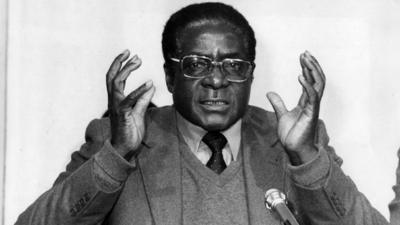 Robert Mugabe speaking as Prime Minister of Zimbabwe at a press conference in 1980