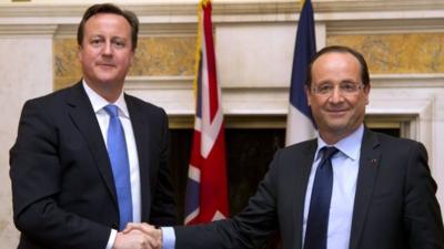 New French President Francois Hollande and British Prime Minister David Cameron shake hands in Washington