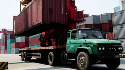 Container loaded onto truck at Qindao, China