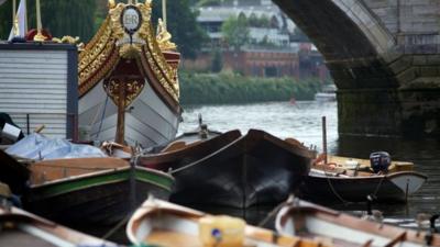 The Queen"s rowbarge 'Gloriana' that will head a section of the Thames Diamond Jubilee River Pageant