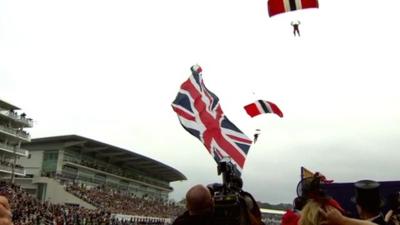 Skydivers land at Epsom Racecourse