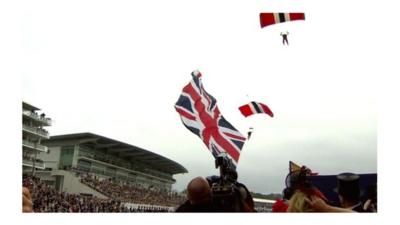 Skydivers land at Epsom Racecourse