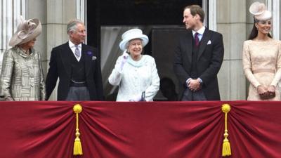 The Queen standing on Buckingham Palace balcony