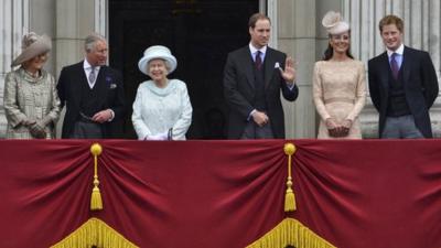 Queen and other royal family members on Buckingham Palace balcony