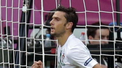 Helder Postiga scores against Denmark