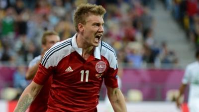 Nicolas Bendtner celebrates his second goal against Portugal