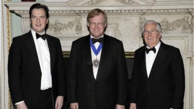 Chancellor George Osborne, Lord Mayor Alderman David Wootton and Governor of the Bank of England Mervyn King