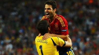 Cesc Fabregas celebrates his winning penalty