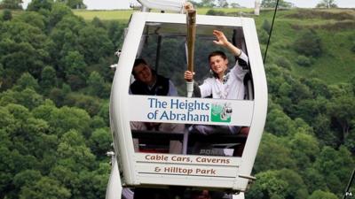 Dominick Cunningham carrying the Olympic flame on the Heights of Abraham sky-ride