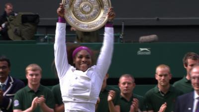 Serena Williams celebrates her fifth Wimbledon win