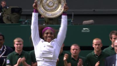 Serena Williams celebrates her fifth Wimbledon win