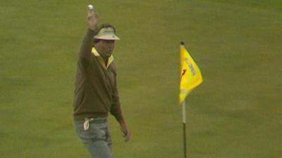 America's Lanny Wadkins celebrates hole-in-one