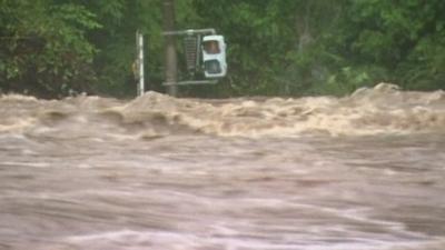 Large amount of flood water on a Japanese road