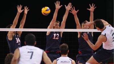 The USA and Brazil men's volleyball teams in action