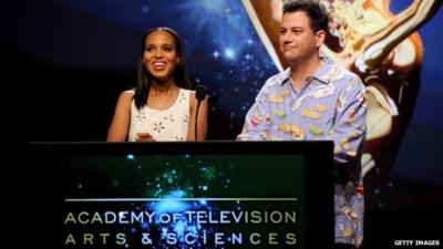 Actress Kerry Washington and TV host Jimmy Kimmel