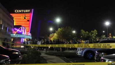 Police tape around the Century 16 cinema in Aurora, Colorado