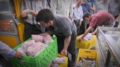 Chicken farmers in a bazaar in Tehran