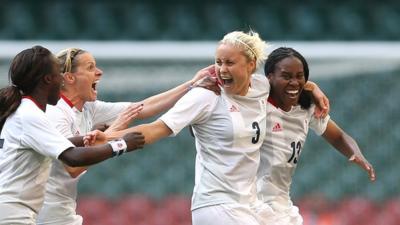 Steph Houghton is congratulated by team mates Kelly Smith, Eniola Aluko and Ifeoma Dieke