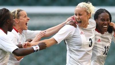 Steph Houghton is congratulated by team mates Kelly Smith, Eniola Aluko and Ifeoma Dieke