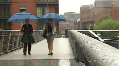 Women walking under umbrellas on wet bridge