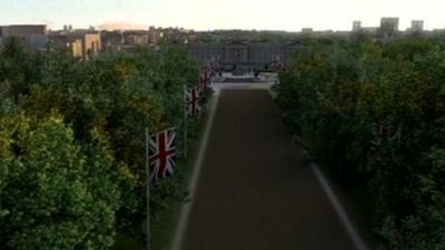 Aerial shot of the Olympic cycling time trial finishing straight on the Mall