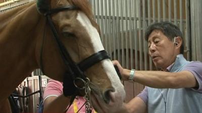 Hiroshi Hoketsu prepares his horse for competition