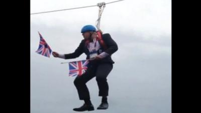 Boris Johnson stuck on a zip wire. Video: Laura Mullane
