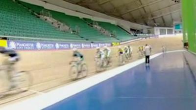 Cyclists training in the Manchester Velodrome