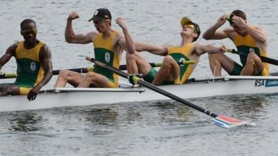 South Africa celebrate winning gold in men's lightweight four final.