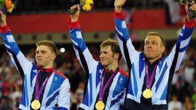 Philip Hindes, Jason Kenny and Sir Chris Hoy celebrate gold in team sprint.