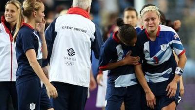 Dejected members of GB football team at end of match against Canada