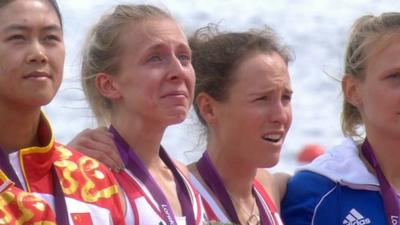 Katherine Copeland and Sophie Hosking cry tears of joy at the medal presentation