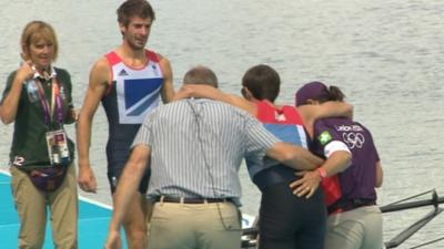 Mark Hunter was helped to his feet by Sir Steve Redgrave