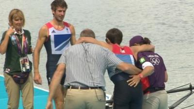 Mark Hunter was helped to his feet by Sir Steve Redgrave