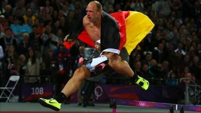 Robert Harting's hurdle celebration