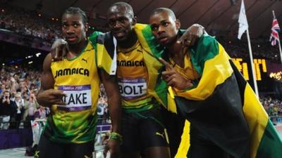 Jamaica's Yohan Blake, Usain Bolt and Warren Weir