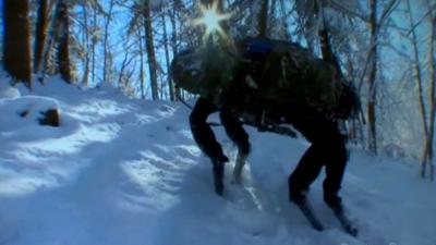 Robot pack mule known as 'AlphaDog' climbs snowy slope