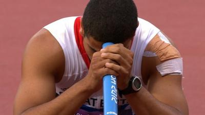 Adam Gemili reacts after GB are disqualified in the 4x100m relay