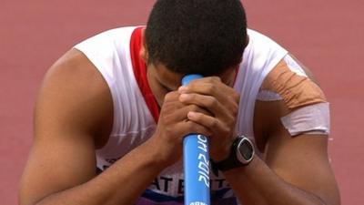 Adam Gemili reacts after GB are disqualified in the 4x100m relay