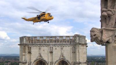 RAF helicopter hovering over York Minster