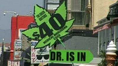 A sign advertising medicinal marijuana