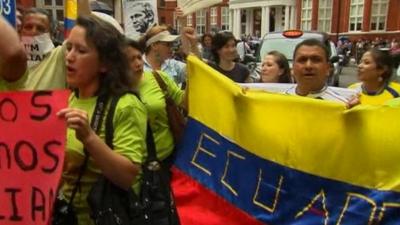 Ecuadorians protesting outside their embassy