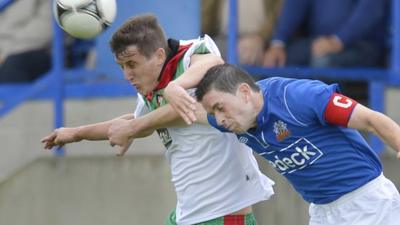 Match action from Glenavon against Glentoran