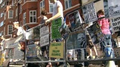 Crowds gather outside embassy