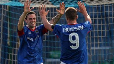 Linfield's Gary Browne celebrates his goal against Donegal celtic with team-mate Peter Thompson