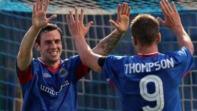 Linfield's Gary Browne celebrates his goal against Donegal celtic with team-mate Peter Thompson