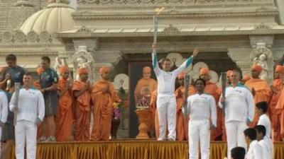 The flame on the steps of the Shri Swaminarayan Mandir temple