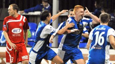 Dungannon Swifts Joshua Cahoon celebrates his late equaliser against Portadown