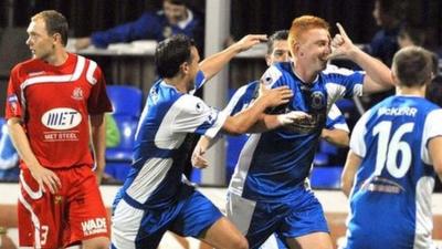 Dungannon Swifts Joshua Cahoon celebrates his late equaliser against Portadown